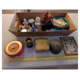 Vintage Collectibles Lot with Tins, Figurines, Framed Art, and Trinket Boxes