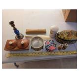 Vintage Vanity and Decor Lot Including Tin, Shaker, Dish, and Accessories