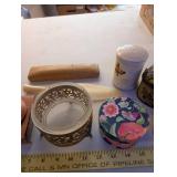 Vintage Vanity and Decor Lot Including Tin, Shaker, Dish, and Accessories