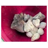 Collection of Fossil and Mineral Rocks with Storage Bin and Red Basket