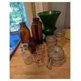Collection of Vintage Glass Bottles, Jars, and Green Vase