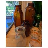 Collection of Vintage Glass Bottles, Jars, and Green Vase