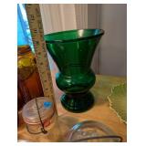 Collection of Vintage Glass Bottles, Jars, and Green Vase