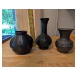 Set of 3 Black Clay Decorative Vases with Unique Designs