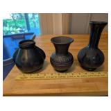 Set of 3 Black Clay Decorative Vases with Unique Designs