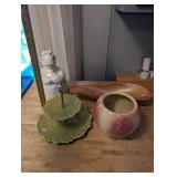 Vintage Ceramic Kitchen Decor Collection with Cookie Jar, Leaf Tiered Tray, Planter, and Bowl