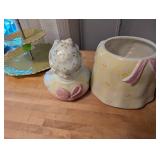 Vintage Ceramic Kitchen Decor Collection with Cookie Jar, Leaf Tiered Tray, Planter, and Bowl