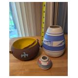 Collection of 4 Native American Style Pottery Vases and Bowl Signed Mille Lacs, Twiss, and Blackcloud