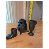 Collection of 3 Black Pottery Pieces Including Boot Vase, Chalice, and Tripod Vessel