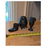Collection of 3 Black Pottery Pieces Including Boot Vase, Chalice, and Tripod Vessel