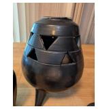 Collection of 3 Black Pottery Pieces Including Boot Vase, Chalice, and Tripod Vessel