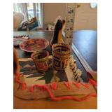 Collection of Native American Style Miniatures, Woven Baskets, Pottery, and Beaded Belt