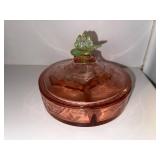 Pink Depression Glass Divided Lidded Candy Dish with Floral Handle