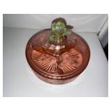 Pink Depression Glass Divided Lidded Candy Dish with Floral Handle