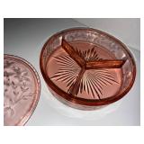 Pink Depression Glass Divided Lidded Candy Dish with Floral Handle