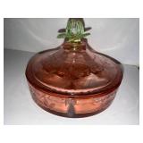 Pink Depression Glass Divided Lidded Candy Dish with Floral Handle