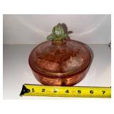 Pink Depression Glass Divided Lidded Candy Dish with Floral Handle