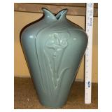 Tall Celadon Art Pottery Vase with Embossed Floral Design