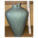 Tall Celadon Art Pottery Vase with Embossed Floral Design