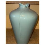 Tall Celadon Art Pottery Vase with Embossed Floral Design