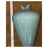 Tall Celadon Art Pottery Vase with Embossed Floral Design