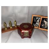 Asian Decor Collection: Brass Figurines, Hexagonal Jewelry Box, and Framed Artwork
