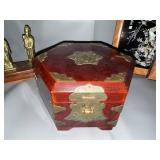 Asian Decor Collection: Brass Figurines, Hexagonal Jewelry Box, and Framed Artwork