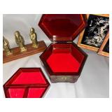 Asian Decor Collection: Brass Figurines, Hexagonal Jewelry Box, and Framed Artwork
