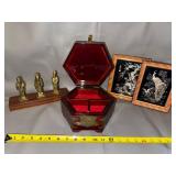Asian Decor Collection: Brass Figurines, Hexagonal Jewelry Box, and Framed Artwork