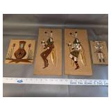 Set of 4 Southwestern Sand Art Plaques with Native American Figures and Pottery Motif