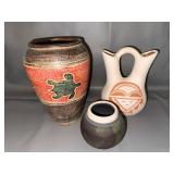 Set of 3 Southwestern Style Pottery Vases with Tribal Designs