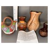 Collection of 4 Native American-Style Pottery Vases with Etched and Painted Designs