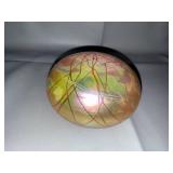 Iridescent Signed Art Glass Paperweight with Swirl Design