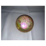 Iridescent Signed Art Glass Paperweight with Swirl Design
