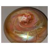 Iridescent Signed Art Glass Paperweight with Swirl Design
