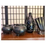 Collection of 4 Black Art Pottery Vessels and Vases, Including Red Wing and Modern Glass