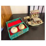 Asian Decor Set with Painted Baoding Balls, Ox Cart, and Boat Figurine
