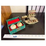 Asian Decor Set with Painted Baoding Balls, Ox Cart, and Boat Figurine