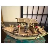 Asian Decor Set with Painted Baoding Balls, Ox Cart, and Boat Figurine
