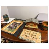 Scandinavian Decor Collection with Book, Figurines, and Folk Art Pottery