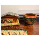 Scandinavian Decor Collection with Book, Figurines, and Folk Art Pottery