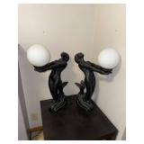 Pair of Vintage Black Mermaid Table Lamps with Frosted Glass Globes