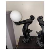 Pair of Vintage Black Mermaid Table Lamps with Frosted Glass Globes