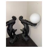 Pair of Vintage Black Mermaid Table Lamps with Frosted Glass Globes