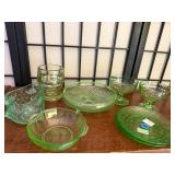 Set of 7 Vintage Green Uranium Depression Glass Tableware Pieces