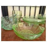 Set of 7 Vintage Green Uranium Depression Glass Tableware Pieces
