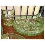 Set of 7 Vintage Green Uranium Depression Glass Tableware Pieces