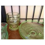 Set of 7 Vintage Green Uranium Depression Glass Tableware Pieces
