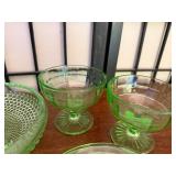Set of 7 Vintage Green Uranium Depression Glass Tableware Pieces
