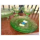 Set of 7 Vintage Green Uranium Depression Glass Tableware Pieces